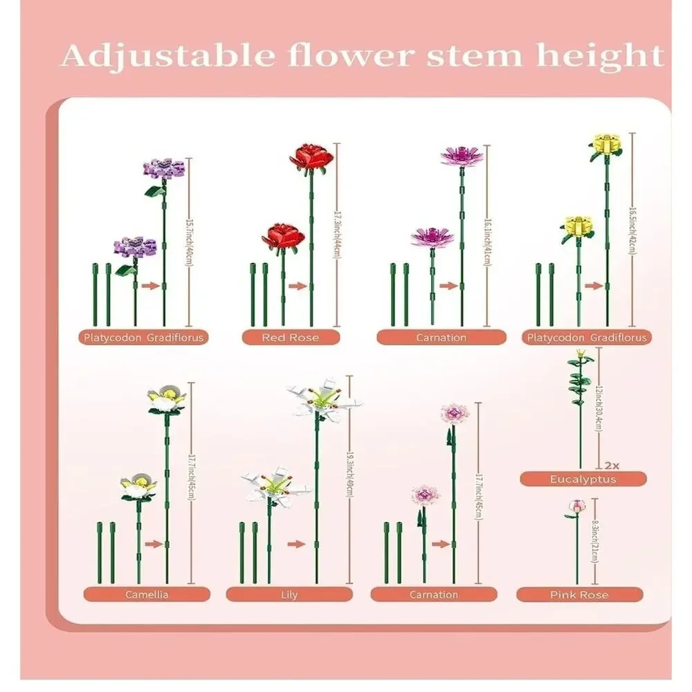 730 Piece Block Flowers Bouquet Building Set, 10 Artificial Flowers, with Vase